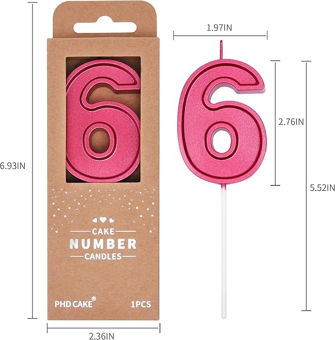 PHD CAKE 2.76 Inch Luxe Red 6 Number Birthday Candles, Red Number Candle, Cake Number Candles, Party Celebration