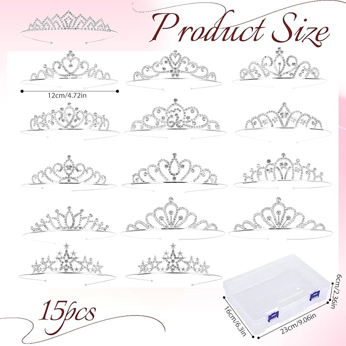 15 Pcs Tiaras Crowns Headbands for Girls Women,Small Tiara Bulk Silver Tiaras Crown Princess Rapunzel Crowns for Wedding Birthday Crystal Tiara for Prom, Bride, Pageant, Halloween