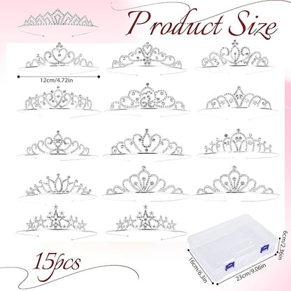 15 Pcs Tiaras Crowns Headbands for Girls Women,Small Tiara Bulk Silver Tiaras Crown Princess Rapunzel Crowns for Wedding Birthday Crystal Tiara for Prom, Bride, Pageant, Halloween