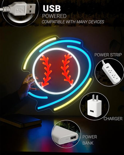 Baseball Neon Sign - 12.6” x 11.8” Dimmable LED Wall Light for Bedroom, Game Room, Bar, Man Cave - USB Powered Baseball Decor Gift for Boyfriend, Dad, Husband