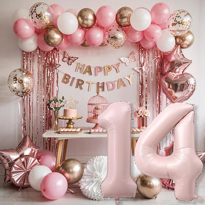 Light Pink 14th Birthday Balloon for Girls, 40'' Self Inflating Mylar Number 14 Balloons, Big Blush Pastel Pink Foil 1 & 4 Helium Balloon for Coquette 14th Birthday Party Decorations Anniversary
