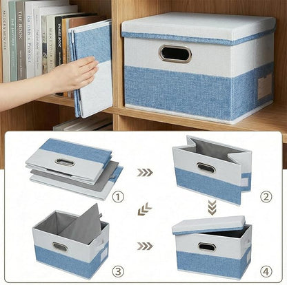 PRANDOM Storage Bins with Lids [3-Pack] Linen Fabric Foldable Storage Boxes Organizer Containers Baskets Cube with Cover for Bedroom Closet Office Blue&White（11.4X8.6X6.7