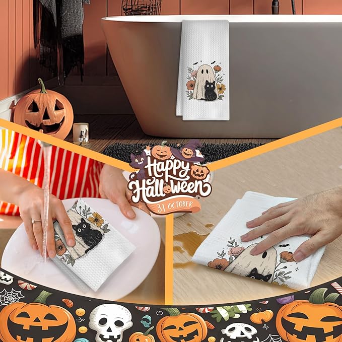 Floral Halloween Black Cat Kitchen Towels, for Women Dish Tea Towels for Kitchen Decor, Cute Ghost Black Cat Wildflower Decorative Hand Towel for Bathroom, 16x24 Inches