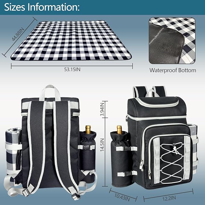 Hap Tim Picnic Basket Backpack for 4 Person with Blanket, Insulated Leakproof Cooler Compartment, Wine Holder, Cutlery Set, Engagement Gifts for Couples, White Elephant Gift Ideas, Black (36221-DG)
