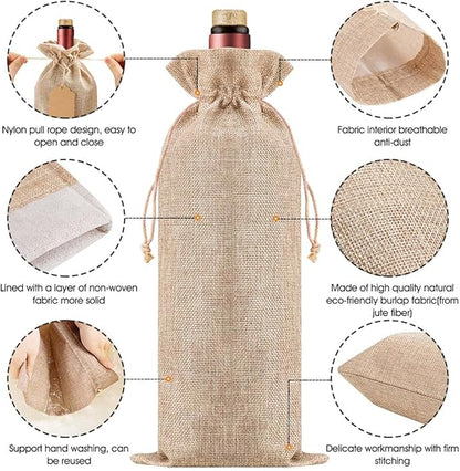 Homum 12Pcs Premium Burlap Wine Bags and 12Pcs Gift Tags, Reusable Wine Gift Bags with Drawstrings, Wine Bottle Bags, Wine Bags for Wedding, Birthday, Blind Tastings, Christmas, Travel,Party, Home Storage