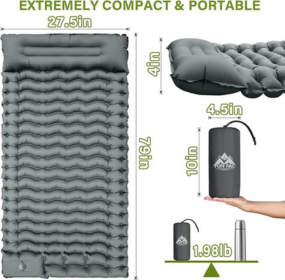 Camping Sleeping Pad, Ultralight Camping Mat with Pillow Built-in Foot Pump Inflatable Sleeping Pads Compact for Camping Backpacking Hiking Traveling - Gray