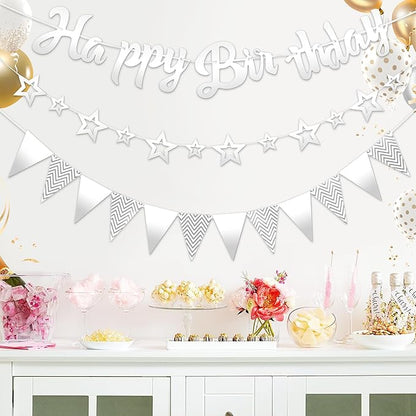 CANREVEL 3 PCS Silver Happy Birthday Banners, Hanging Stars Garland and Pennant Banner Flags, Silver Garland for Silver Party Decorations, Birthday Party Supplies for Women Men Girls Boys Adults