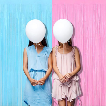 4 Pack 3.2Ft x 8.2Ft Pink Blue Fringe Curtain Backdrop, Metallic Tinsel Foil Fringe Streamers Curtains Background for Photo Booth Wedding Gender Reveal Backdrop Boy or Girl Birthday Party Decoration