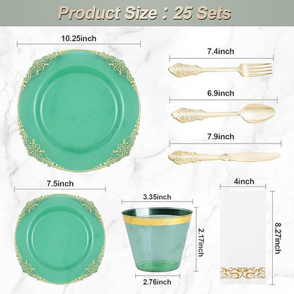 175PCS Clear Green Plastic Plates for 25 Guests, Disposable Plates with Gold Trim include 50 Dinner Plates, 75 Gold Silverware, 25 Cups, 25 Napkins for Party, Wedding and Graduation
