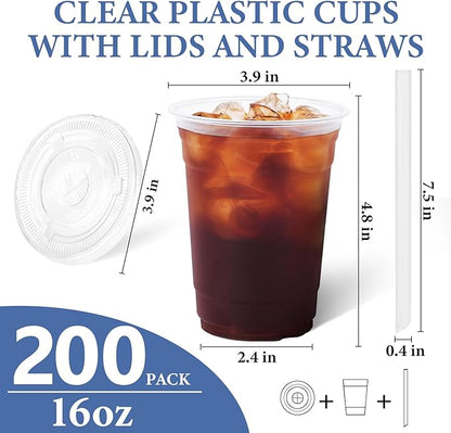SAEUYVB 200 Pack - 16 oz Clear Plastic Cups with Lids and Straws,Disposable Iced Coffee Cups with Lids for Smoothie,Milkshake,Cold Drinks,Sturdy&Food Safe Disposable Clear Plastic Cups