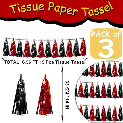 3P Black red Tassel Banner Garland Metallic Foil Fringe Banner Tinsel Tassels Streamer Banner Backdrop for Parade Floats, 2025 Graduation Decorations, Father's Day Party Decoration