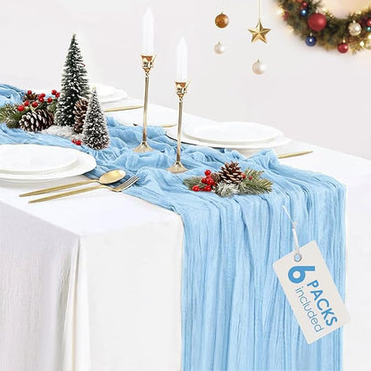 6 Pack Baby Blue Cheesecloth Table Runner 120 inch Gauze Cheese Cloth Table Runner Light Blue 10FT Boho Sheer Runner for Wedding Party Baby Shower Birthday Boy's Room Home Decor
