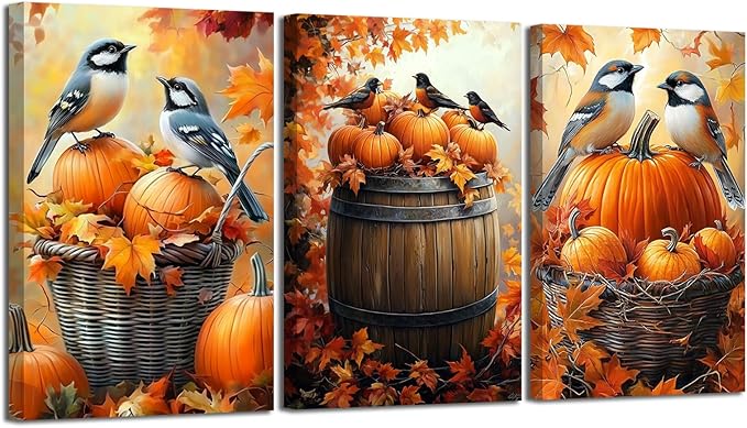 YMXDYMJSW Autumn Wall Art 3 Pieces Pumpkin with Sparrows Picture Prints Fall Harvest Birds Canvas Painting Thanksgiving Theme Artwork for Farmhouse Decor Frame (Yellow,24.00" x 36.00" x 3PCS)
