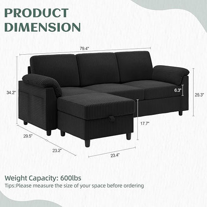 Vongrasig 79" Convertible Sectional Couch Sofa with Storage Ottoman, 3 Seat L Shaped Couch with Side Storage Pockage, Small Couches for Living Room, Apartment and Small Space, Black