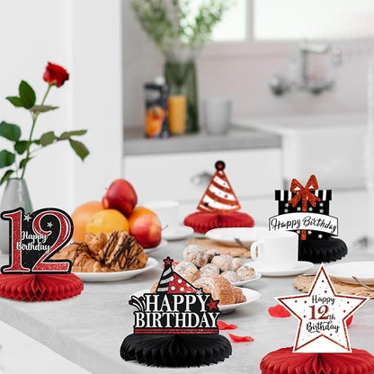 Happy 12th Birthday Decorations,12th Birthday Red Glitter Shiny Stand Honeycomb Table Centerpieces - Cheers to Twelve Years Old Birthday Party Photoprop Gift Sign.