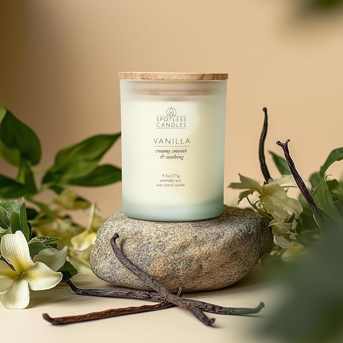 Vanilla Candle - 9.7 oz /275g Vanilla Scented Candle in Cream Frosted Glass Jar with Wooden Lid and Wooden Crackling Wick in a Luxurious Gift Box - Creamy, Smooth and Soothing