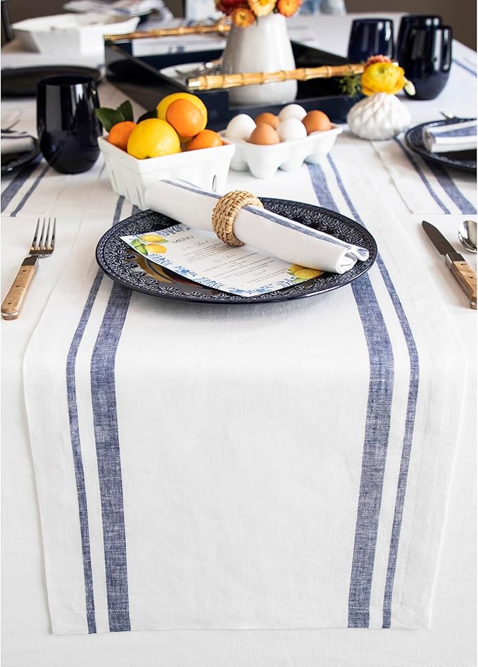 Solino Home Striped Linen Table Runner 36 Inches - 100% Pure Linen Navy and White French Stripe Small Table Runner 14 x 36 Inch Ideal for Dresser and Coffee Tables - Fall, Holiday
