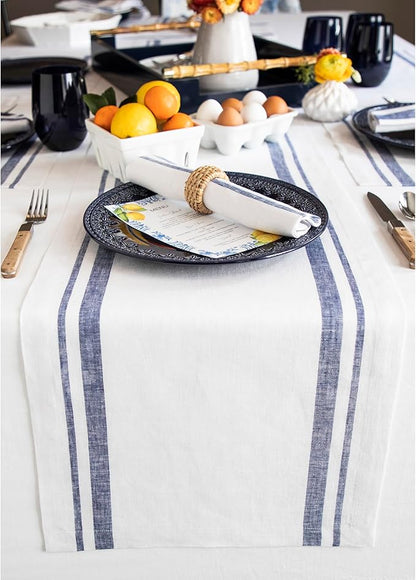 Solino Home Striped Linen Table Runner 36 Inches - 100% Pure Linen Navy and White French Stripe Small Table Runner 14 x 36 Inch Ideal for Dresser and Coffee Tables - Fall, Holiday