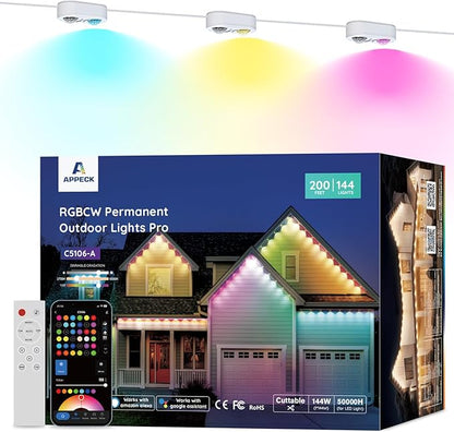APPECK Permanent Outdoor Lights Pro 200ft, 144W RGBCW Eaves Lights with 144 LED Lights, 80lm, Cuttable, 111 Scene Modes, IP67 Waterproof Lighting for Christmas Decoration, Work with Alexa, White