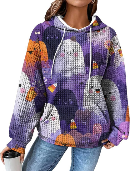 Halloween Sweatshirts for Women Novelty Graphic Drawstring Waffle Hoodies Loose Casual Pullover Tops with Pocket