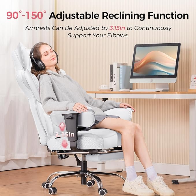 COMHOMA Desk Office Chair Big and Tall Office Chairs Ergonomic Gaming Chairs with Wide Seat Leather High Back Chair with Foot Rest Adjustable Armrests Pocket Spring Lumbar Support