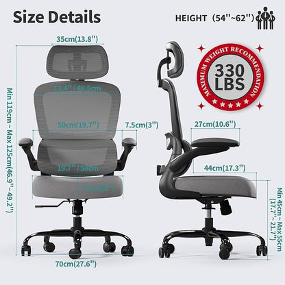 TRALT Office Chair Ergonomic Desk Chair, 330 LBS Home Mesh Office Desk Chairs with Wheels, Comfortable Gaming Chair, High Back Office Chair for Long Hours (Dark Grey)