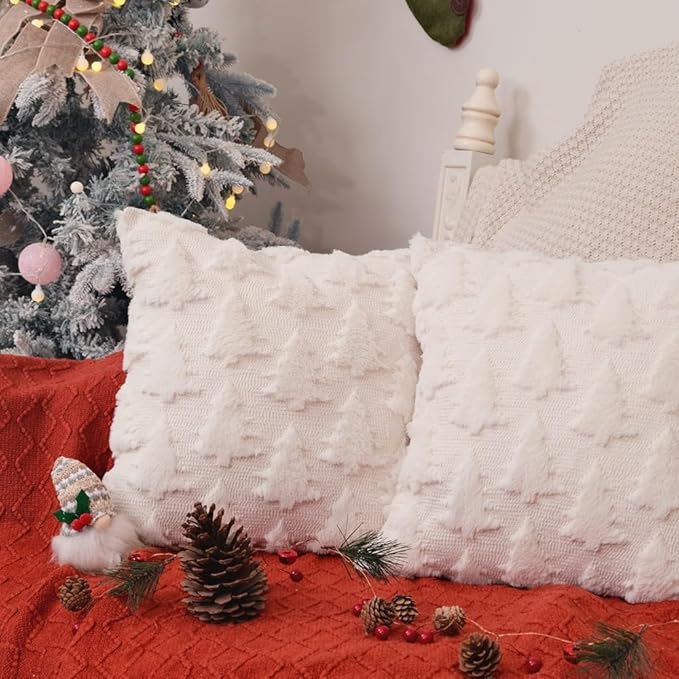 GEEORY Christmas Tree Throw Pillow Covers 20x20 Inch Set of 2, Xmas Winter Soft Plush Faux Fur Wool Decorative Farmhouse Holiday Cushion Case for Home Decoration (Beige) GC004-20