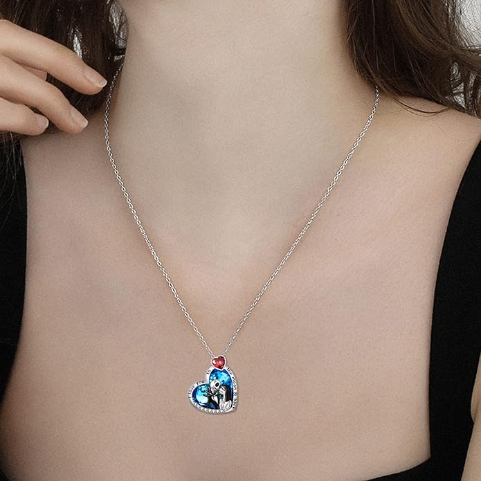 LILALO Christmas Gifts Nightmare Necklace Sterling Silver Abalone Shell Crystal Jack and Sally Necklace Jack Skellington Skull Jewelry Skull Necklaces for Women