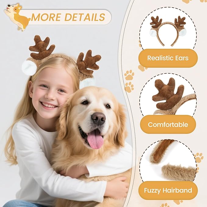Edoneery Reindeer Antlers Headband for Women, Christmas Furry Deer Antlers Animal Ears Hairband for Cosplay Party Costume