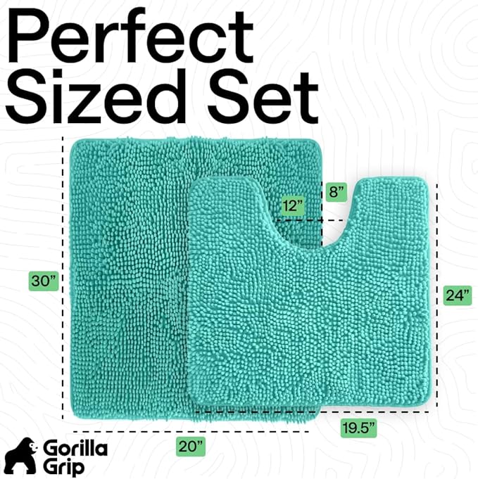 GORILLA GRIP Bathroom Rug Sets, Soft Chenille 2 Piece Area Rugs Set, Toilet Base Mat and 30x20 Carpet, Absorbent Microfiber Washable Mats Dry Quickly, Home Décor and Bath Room Accessories, Turquoise