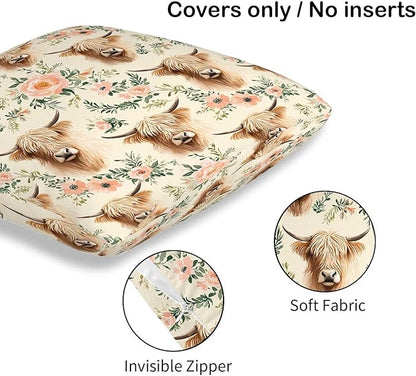 Highland Cow Throw Pillow Covers Set of 2 | 18x18 Inches Cushion Cases for Couch, Sofa, Bedroom and Living Room | Rustic Pillowcases for Home Decoration