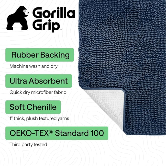 GORILLA GRIP Bath Rug Mat 30x20, Thick Soft Absorbent Chenille, Quick Dry Microfiber Mats, Rubber Backing Washable Shower Floor Rugs, US Designed Bathroom Bathmat Home Decor Accessories, Navy Blue