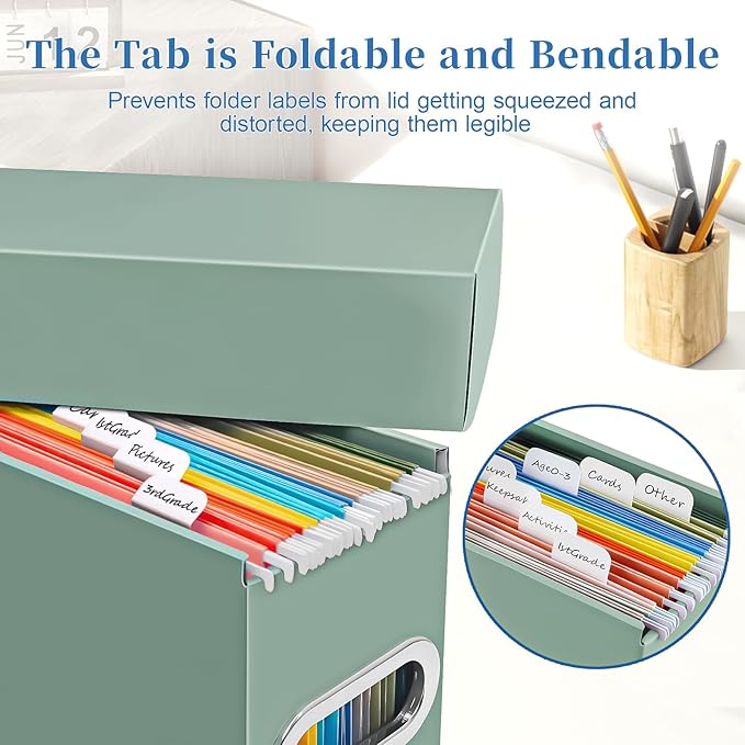 File Organizer Box with Lid & Handle, Thickened Cardboard Hanging File Folder Storage Boxes for Letter Size, Portable Filing Organizer for Office, Home, Classroom, Sage 2 Pack