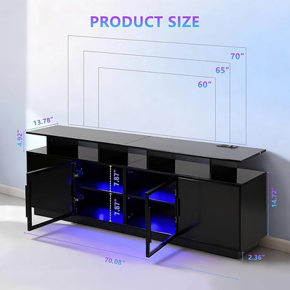 70 Inch Black TV Stand with LED Lights, Power Strips, and USB Charging Station for Mobile Phones, Transparent Glass Door Storage Cabinet, Entertainment Center with Large Storage Space