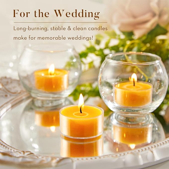 Unscented Beeswax Tea Lights Candles 50 Pack, 4 Hours Long Burning Handmade Yellow Tealight Candles, Clear Cup Smokeless Beeswax Candles for Wedding, Party, Centerpiece & Home Decorative