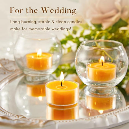 Unscented Beeswax Tea Lights Candles 50 Pack, 4 Hours Long Burning Handmade Yellow Tealight Candles, Clear Cup Smokeless Beeswax Candles for Wedding, Party, Centerpiece & Home Decorative