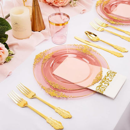 Hioasis 175pcs Burgundy and Gold Plastic Plates - Elegant Disposable Dinnerware Set Suitable for 25 Guests Include 10.25" Dinner & 7.5" Dessert Plates, Cutlery, Napkins, Cups for Party
