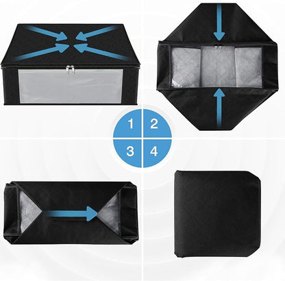 HomeHacks 6-Pack Clothes Organizer Storage Bags Foldable Storage Box with Large Clear Window Sturdy Handles for Closet, Dorm, Pillows, Bedding, Clothes, Stuffed Toys, Blankets, 35L, Black