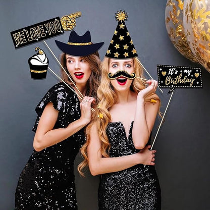 HARZHI Photo Booth Props Kit for Birthday Wedding Party Supplies Carnival Crazy Dance Decor Photobooth Funny Cute Holiday Selfie Supplies Masked Ball (36 Pcs Birthday)