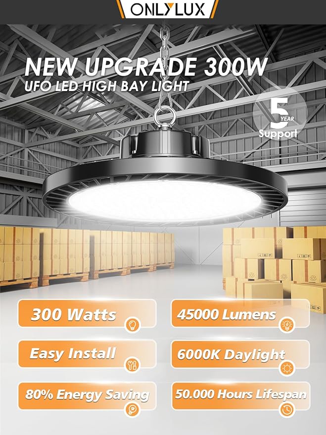300W Super Bright UFO LED High Bay Lights 8 Pack 6000K Daylight, 45000lm, Led Shop Lights (1200W MH/HPS Eqv.) with US Plug 5ft Cable for Garage Plug & Play Lighting for Warehouse