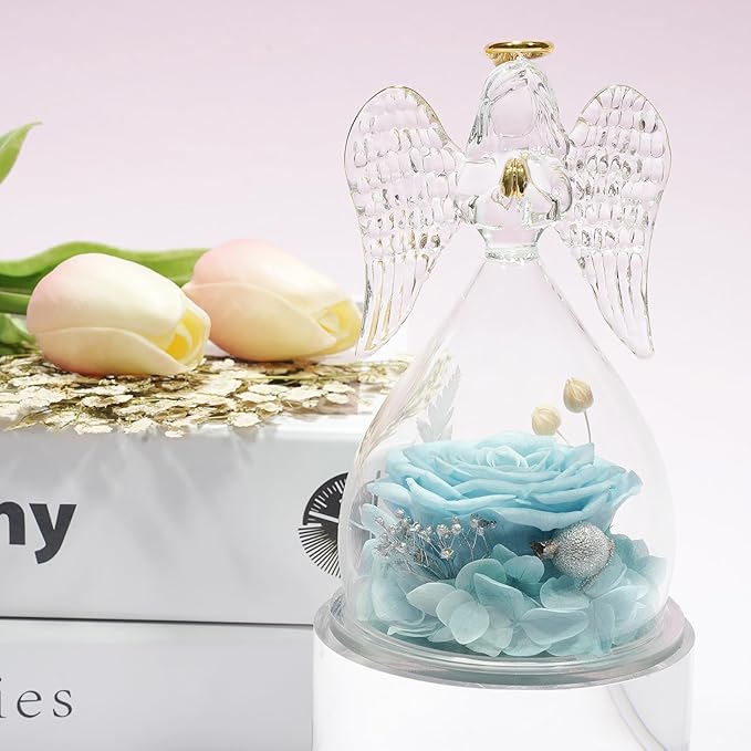 Miofula Preserved Flower Roses & Angel Figurines with Forever Real Rose Gifts for Women Mom, Grandma; Angel Gifts for Christmas, Thanksgiving, Birthday, Anniversary - Pale Blue