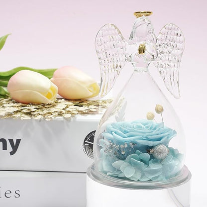 Miofula Preserved Flower Roses & Angel Figurines with Forever Real Rose Gifts for Women Mom, Grandma; Angel Gifts for Christmas, Thanksgiving, Birthday, Anniversary - Pale Blue
