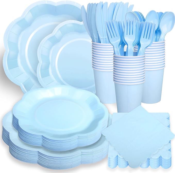 192 Pcs Light Blue Paper Plates And Napkins Set Party Supplies - For 24 Guests Paper Plates And Napkins Knives Spoons Forks Cups - For Baby Shower Bridal Shower Wedding