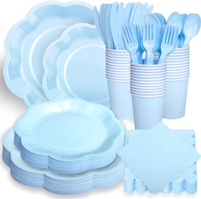 192 Pcs Light Blue Paper Plates And Napkins Set Party Supplies - For 24 Guests Paper Plates And Napkins Knives Spoons Forks Cups - For Baby Shower Bridal Shower Wedding