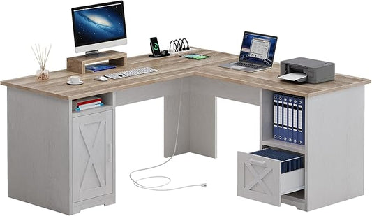 YITAHOME L Shaped Desk with Power Outlets, 60 Inch Computer Desk Corner Desk with File Drawer, Home Office Desk with Monitor Stand & Storage Shelves, L-Shaped Desk with File Cabinet, Grey Wash