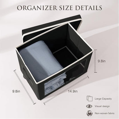 Stackable Storage Bins with Lids - Medium Storage Box with Lids, Foldable Closet Boxes for Organizing, Wardrobe Clothes Organizer with Window, Cubes Bins for Living Room, 5 Pack, Black