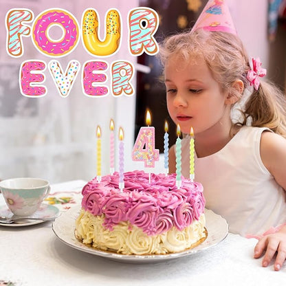 MTLEE Number 4 Birthday Candle with 12 Pcs Spiral Candles for Girls Macaron Pastel Rainbow Unicorn Pink Cake Topper for Sweet Theme Party Decoration