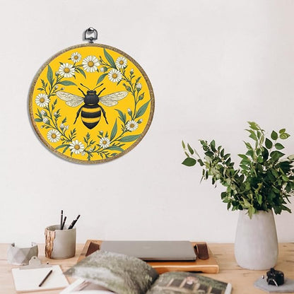 Cute Gold Vintage Floral Bee Gifts Bee Kitchen Decor Boho Art Framed Round Wall Decor Canvas Wall Art Hanging Prints Artwork for Home Garden Nursery Bedroom Living Room Decorations 10.2X10.2 Inch