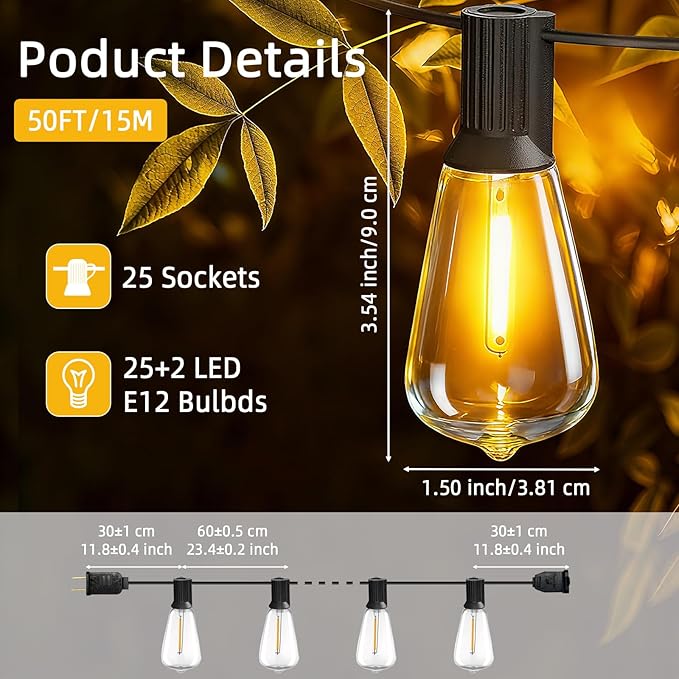 50FT Outdoor String Led Patio Lights 15M Outside Waterproof Light with ST38 Shatterproof Bulb Connectable Hanging Outdoor Electric Lighting for Garden Backyard Gazebo Porch Party Yard
