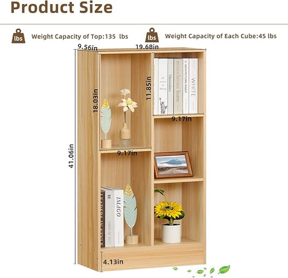 LEYAOYAO 5 Cube Mid-Century Modern Natural Wood Bookshelf with Base, 3 Tier Storage Organizer Shelf, Rustic Wood Display Cabinet for Bedroom, Living Room, Office